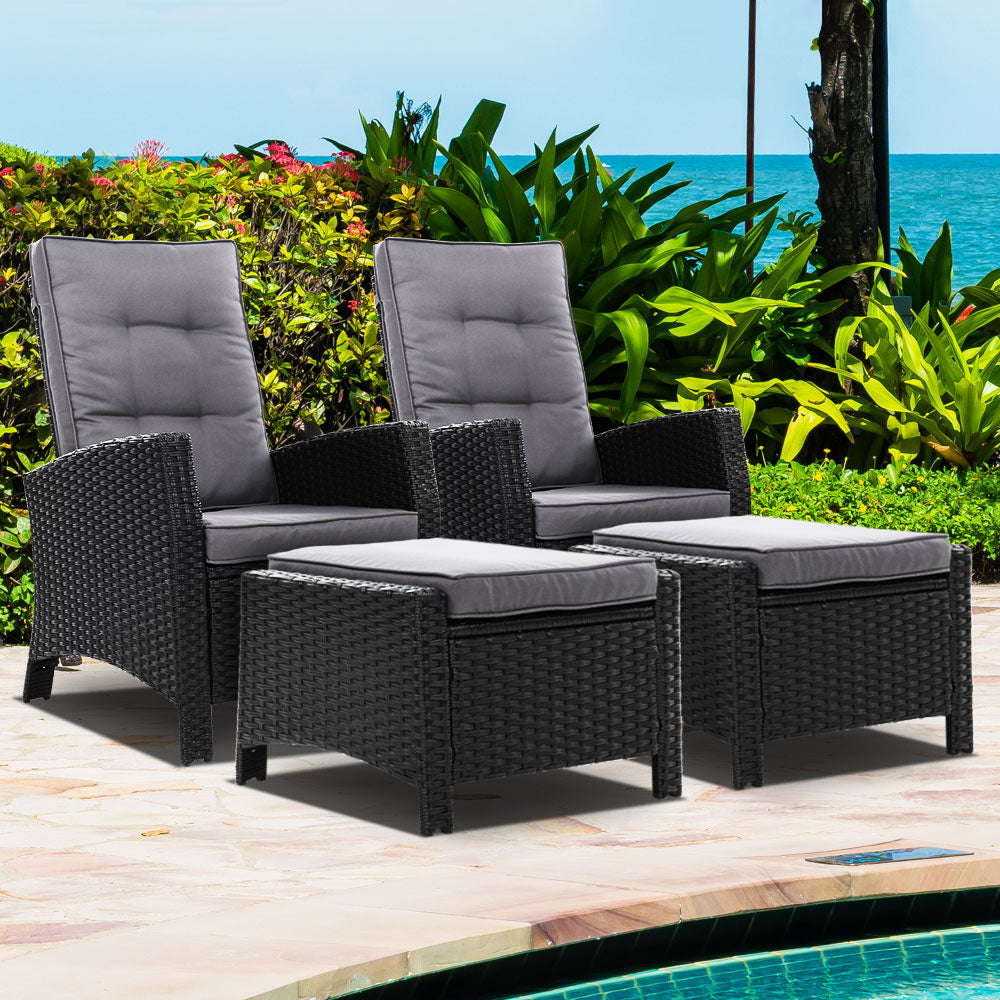 Gardeon 2PC Recliner Chairs Sun lounge Wicker Lounger Outdoor Furniture Adjustable Black - Cosy Abode