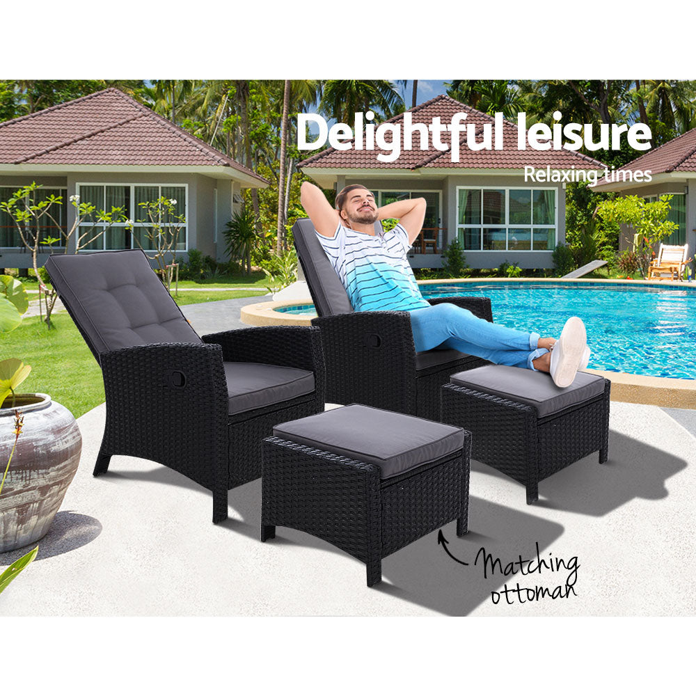 Gardeon 2PC Recliner Chairs Sun lounge Wicker Lounger Outdoor Furniture Adjustable Black - Cosy Abode
