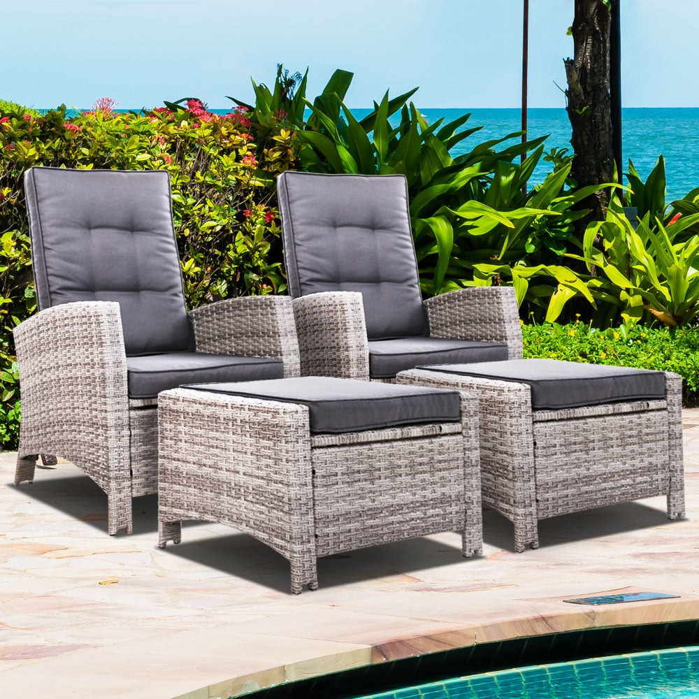 Gardeon 2PC Recliner Chairs Sun lounge Wicker Lounger Outdoor Furniture Adjustable Grey - Cosy Abode