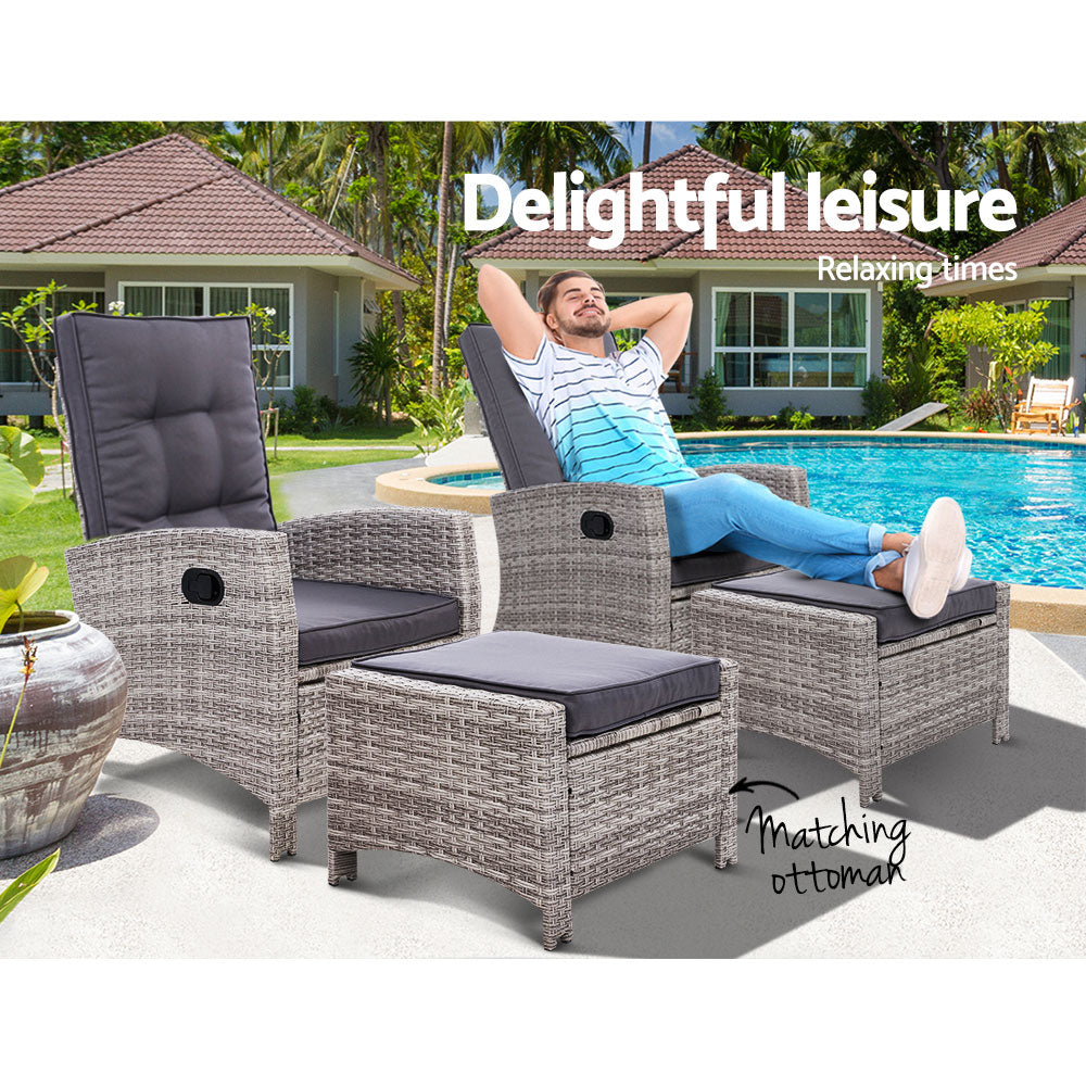 Gardeon 2PC Recliner Chairs Sun lounge Wicker Lounger Outdoor Furniture Adjustable Grey - Cosy Abode