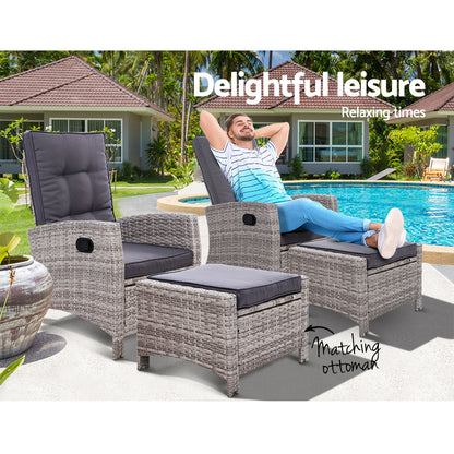 Gardeon 2PC Recliner Chairs Sun lounge Wicker Lounger Outdoor Furniture Adjustable Grey - Cosy Abode