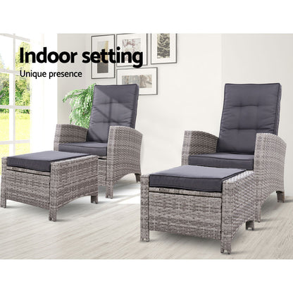 Gardeon 2PC Recliner Chairs Sun lounge Wicker Lounger Outdoor Furniture Adjustable Grey - Cosy Abode