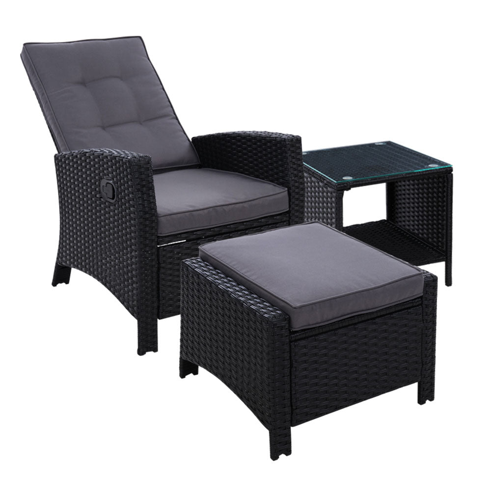 Gardeon 3PC Recliner Chairs Table Sun lounge Wicker Outdoor Furniture Adjustable Black - Cosy Abode
