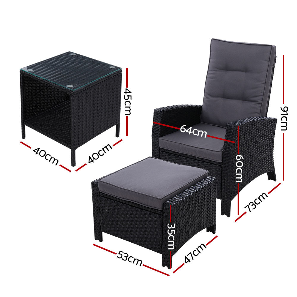 Gardeon 3PC Recliner Chairs Table Sun lounge Wicker Outdoor Furniture Adjustable Black - Cosy Abode