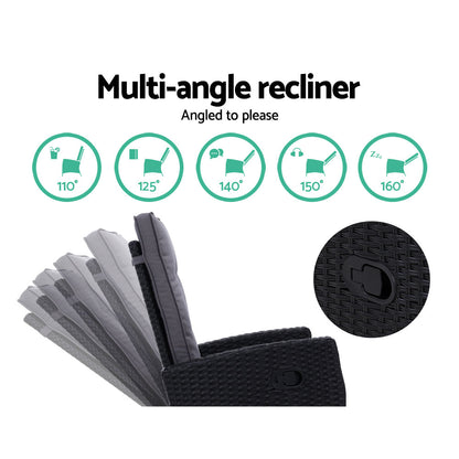 Gardeon 3PC Recliner Chairs Table Sun lounge Wicker Outdoor Furniture Adjustable Black - Cosy Abode