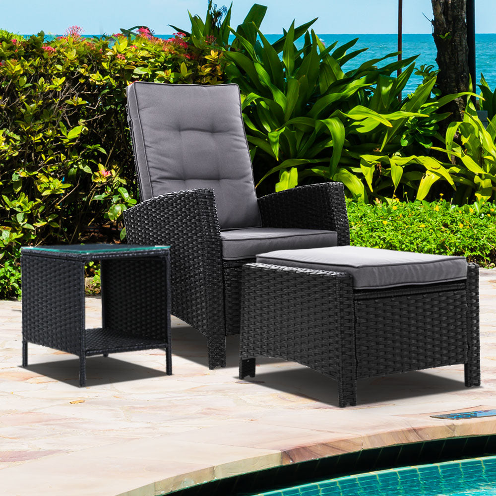 Gardeon 3PC Recliner Chairs Table Sun lounge Wicker Outdoor Furniture Adjustable Black - Cosy Abode