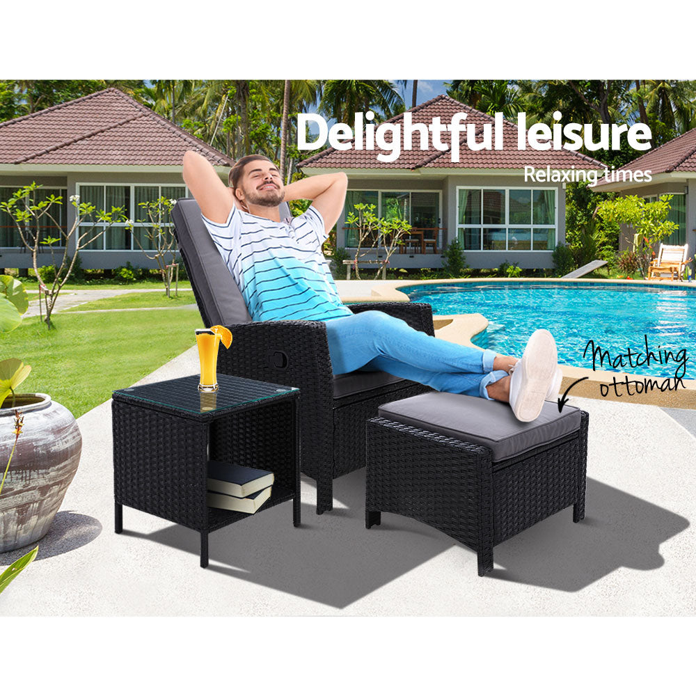 Gardeon 3PC Recliner Chairs Table Sun lounge Wicker Outdoor Furniture Adjustable Black - Cosy Abode