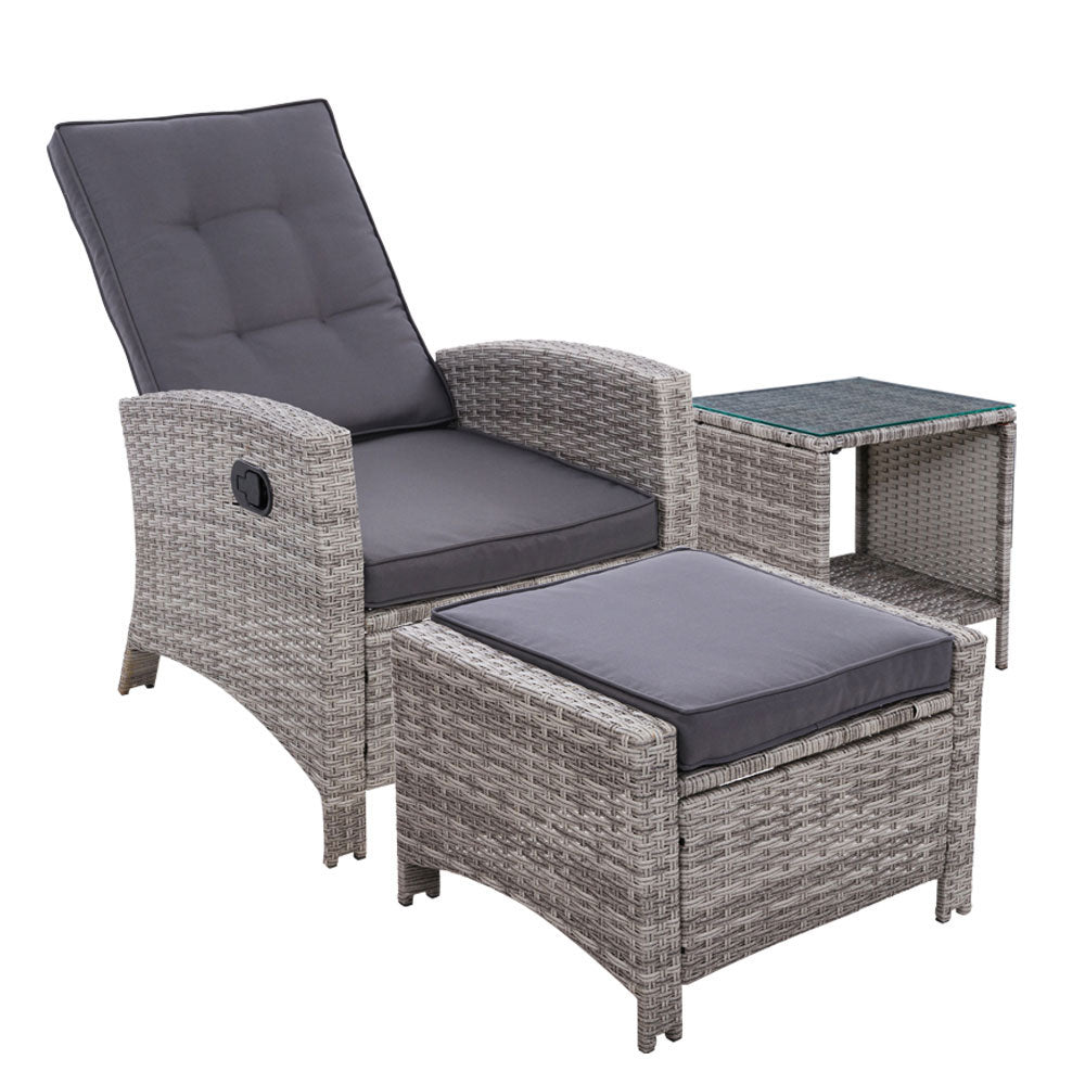 Gardeon 3PC Recliner Chairs Table Sun lounge Wicker Outdoor Furniture Adjustable Grey - Cosy Abode