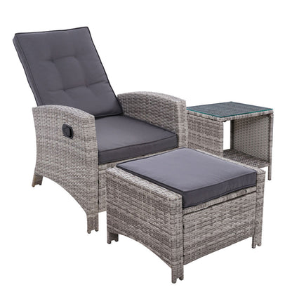 Gardeon 3PC Recliner Chairs Table Sun lounge Wicker Outdoor Furniture Adjustable Grey - Cosy Abode