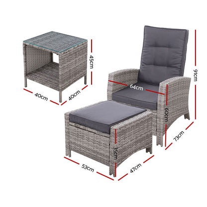 Gardeon 3PC Recliner Chairs Table Sun lounge Wicker Outdoor Furniture Adjustable Grey - Cosy Abode