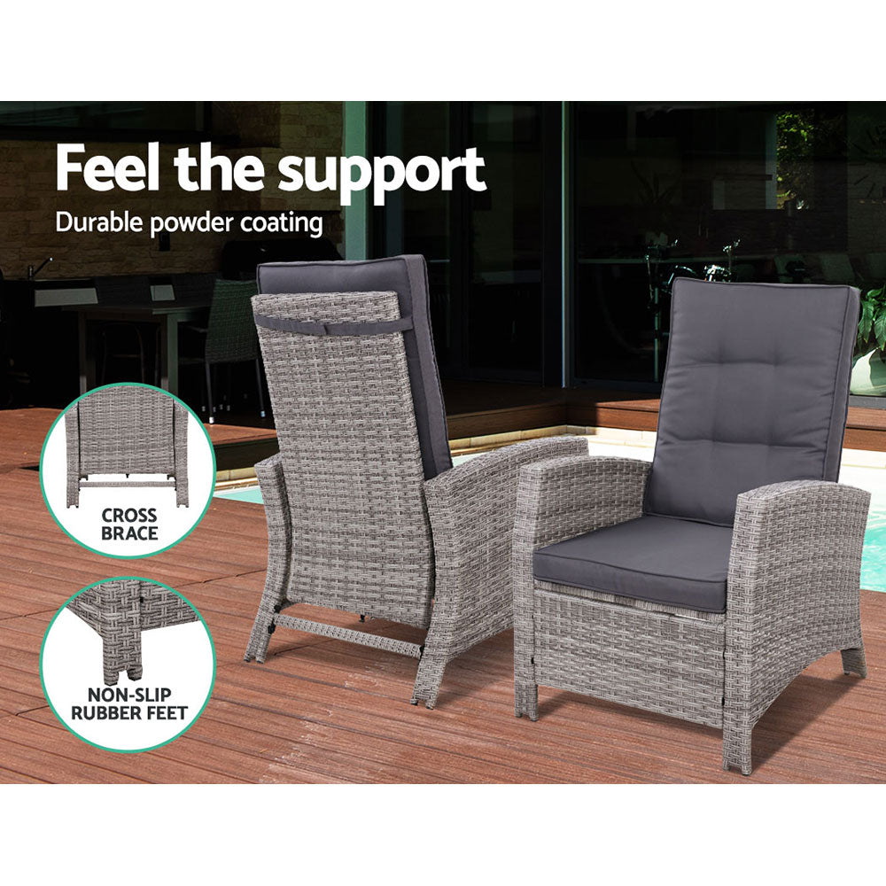 Gardeon 3PC Recliner Chairs Table Sun lounge Wicker Outdoor Furniture Adjustable Grey - Cosy Abode