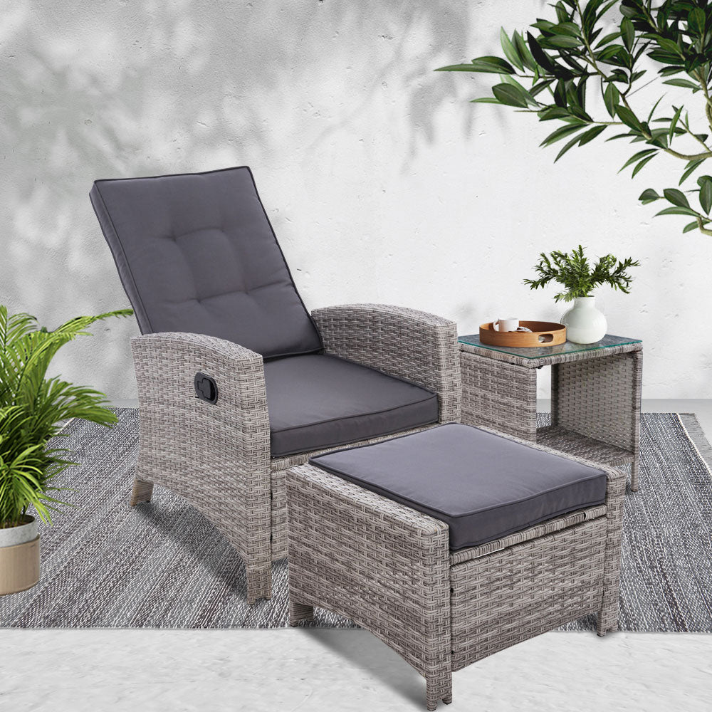 Gardeon 3PC Recliner Chairs Table Sun lounge Wicker Outdoor Furniture Adjustable Grey - Cosy Abode
