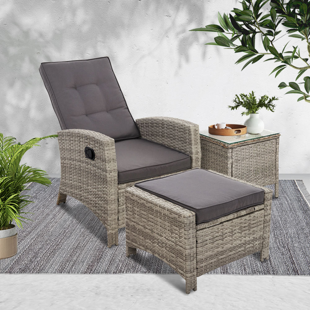 Gardeon 3PC Recliner Chairs Table Sun lounge Wicker Outdoor Furniture Adjustable Grey - Cosy Abode