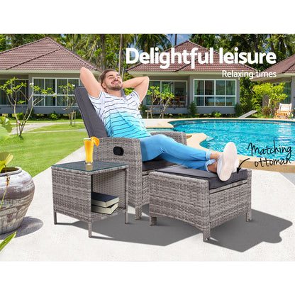 Gardeon 3PC Recliner Chairs Table Sun lounge Wicker Outdoor Furniture Adjustable Grey - Cosy Abode