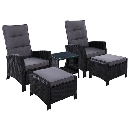 Gardeon 5PC Recliner Chairs Table Sun lounge Wicker Outdoor Furniture Adjustable Black - Cosy Abode