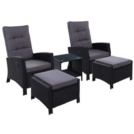 Gardeon 5PC Recliner Chairs Table Sun lounge Wicker Outdoor Furniture Adjustable Black - Cosy Abode