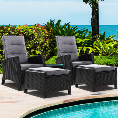 Gardeon 5PC Recliner Chairs Table Sun lounge Wicker Outdoor Furniture Adjustable Black - Cosy Abode