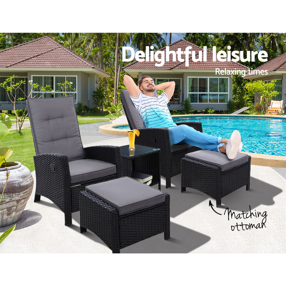 Gardeon 5PC Recliner Chairs Table Sun lounge Wicker Outdoor Furniture Adjustable Black - Cosy Abode