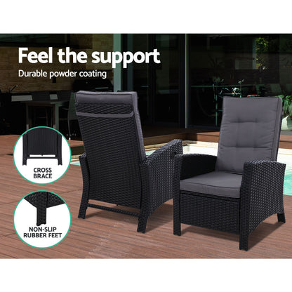 Gardeon 5PC Recliner Chairs Table Sun lounge Wicker Outdoor Furniture Adjustable Black - Cosy Abode