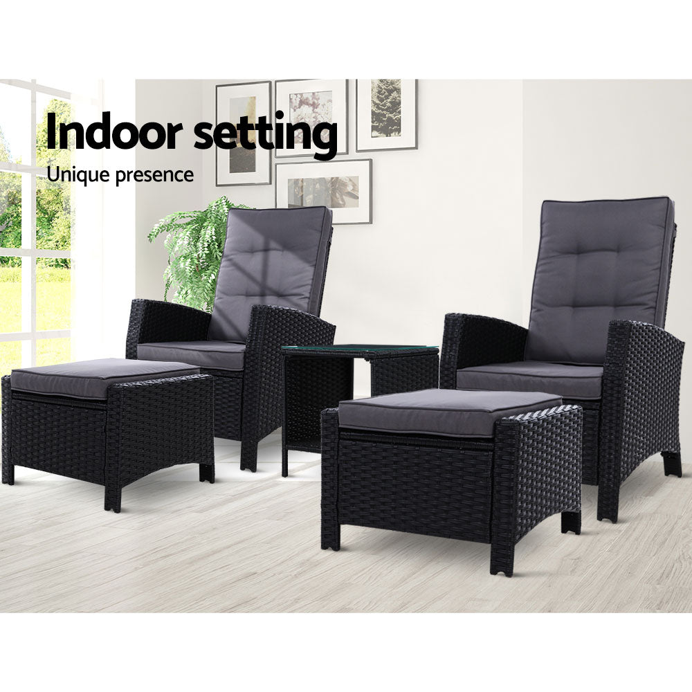 Gardeon 5PC Recliner Chairs Table Sun lounge Wicker Outdoor Furniture Adjustable Black - Cosy Abode