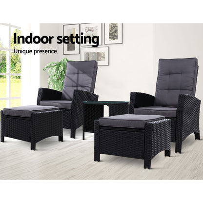 Gardeon 5PC Recliner Chairs Table Sun lounge Wicker Outdoor Furniture Adjustable Black - Cosy Abode