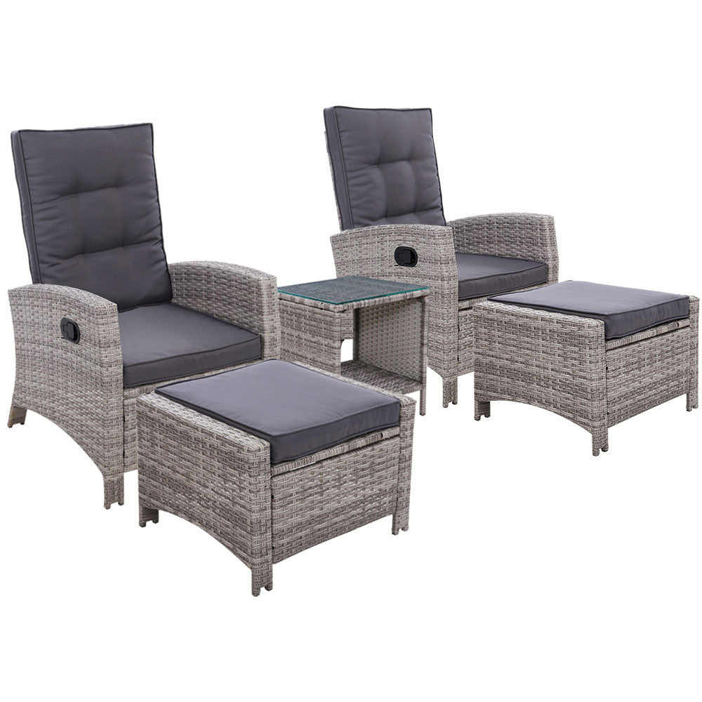 Gardeon 5PC Recliner Chairs Table Sun lounge Wicker Outdoor Furniture Adjustable Grey - Cosy Abode