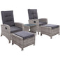 Gardeon 5PC Recliner Chairs Table Sun lounge Wicker Outdoor Furniture Adjustable Grey - Cosy Abode