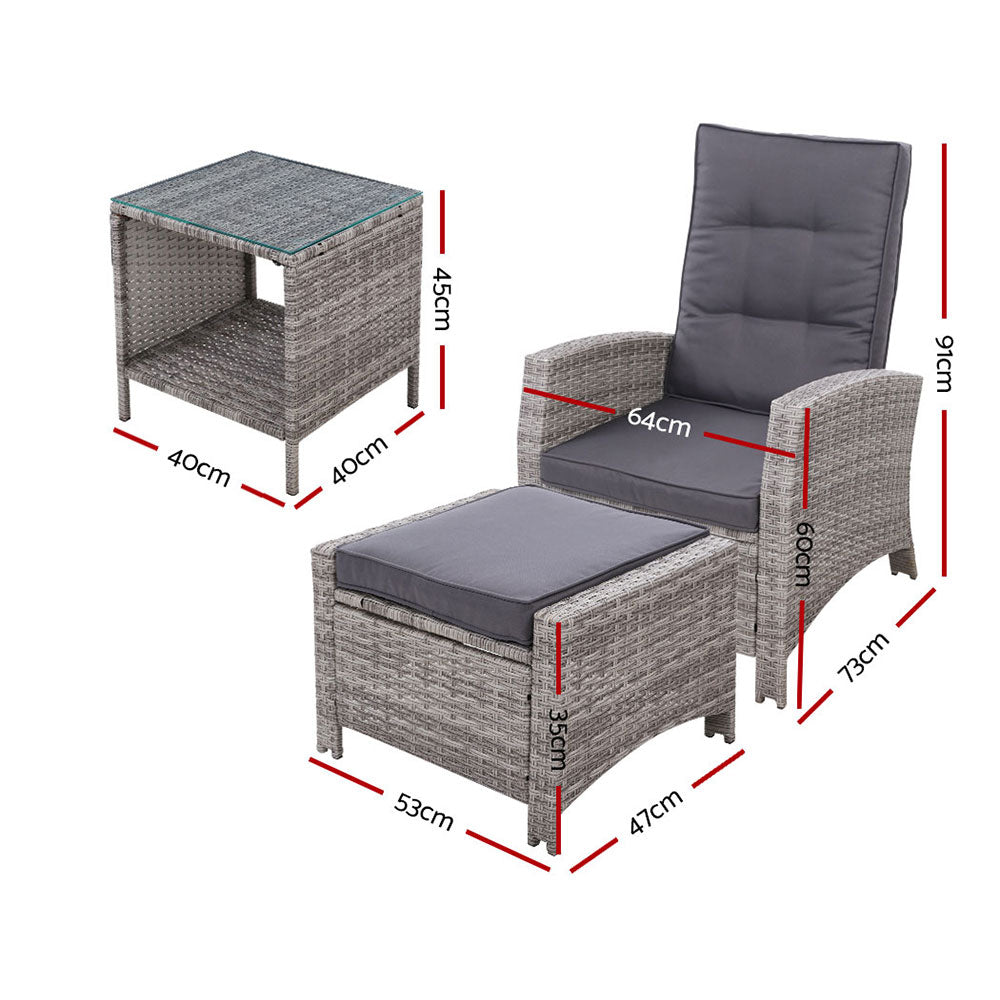 Gardeon 5PC Recliner Chairs Table Sun lounge Wicker Outdoor Furniture Adjustable Grey - Cosy Abode