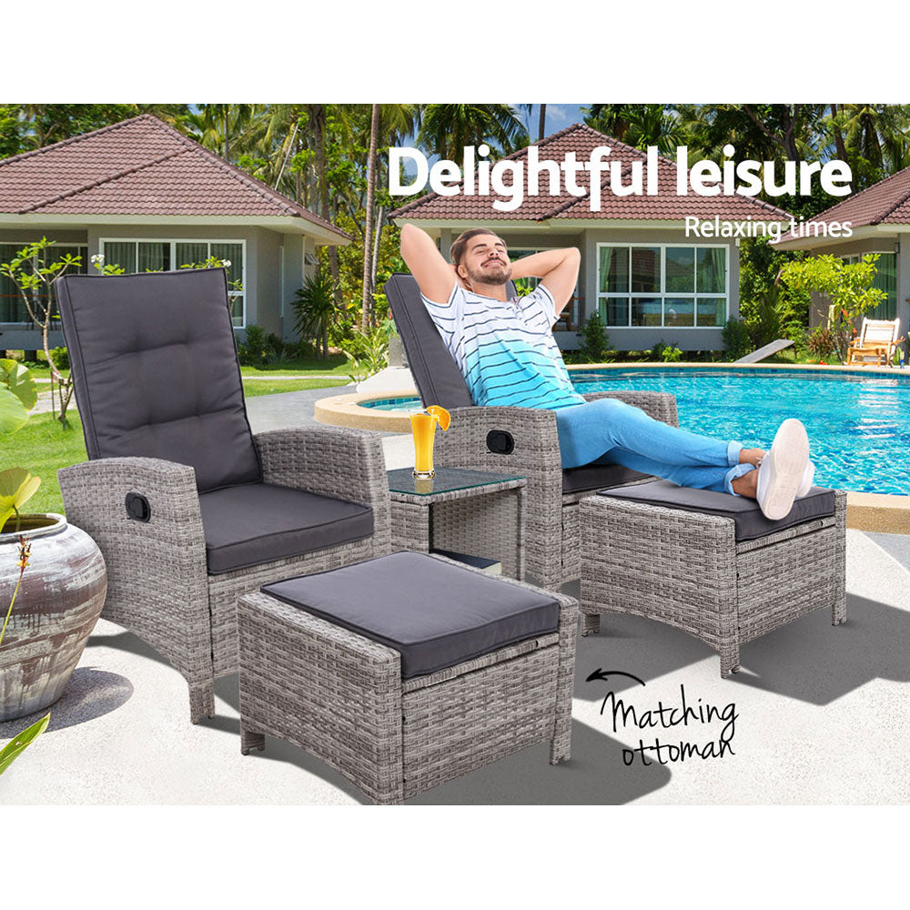 Gardeon 5PC Recliner Chairs Table Sun lounge Wicker Outdoor Furniture Adjustable Grey - Cosy Abode