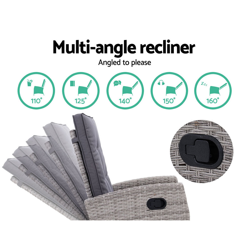 Gardeon 5PC Recliner Chairs Table Sun lounge Wicker Outdoor Furniture Adjustable Grey - Cosy Abode