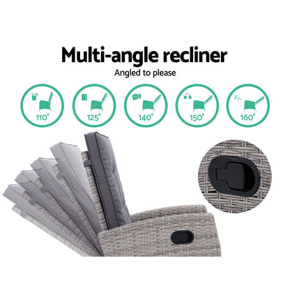 Gardeon 5PC Recliner Chairs Table Sun lounge Wicker Outdoor Furniture Adjustable Grey - Cosy Abode