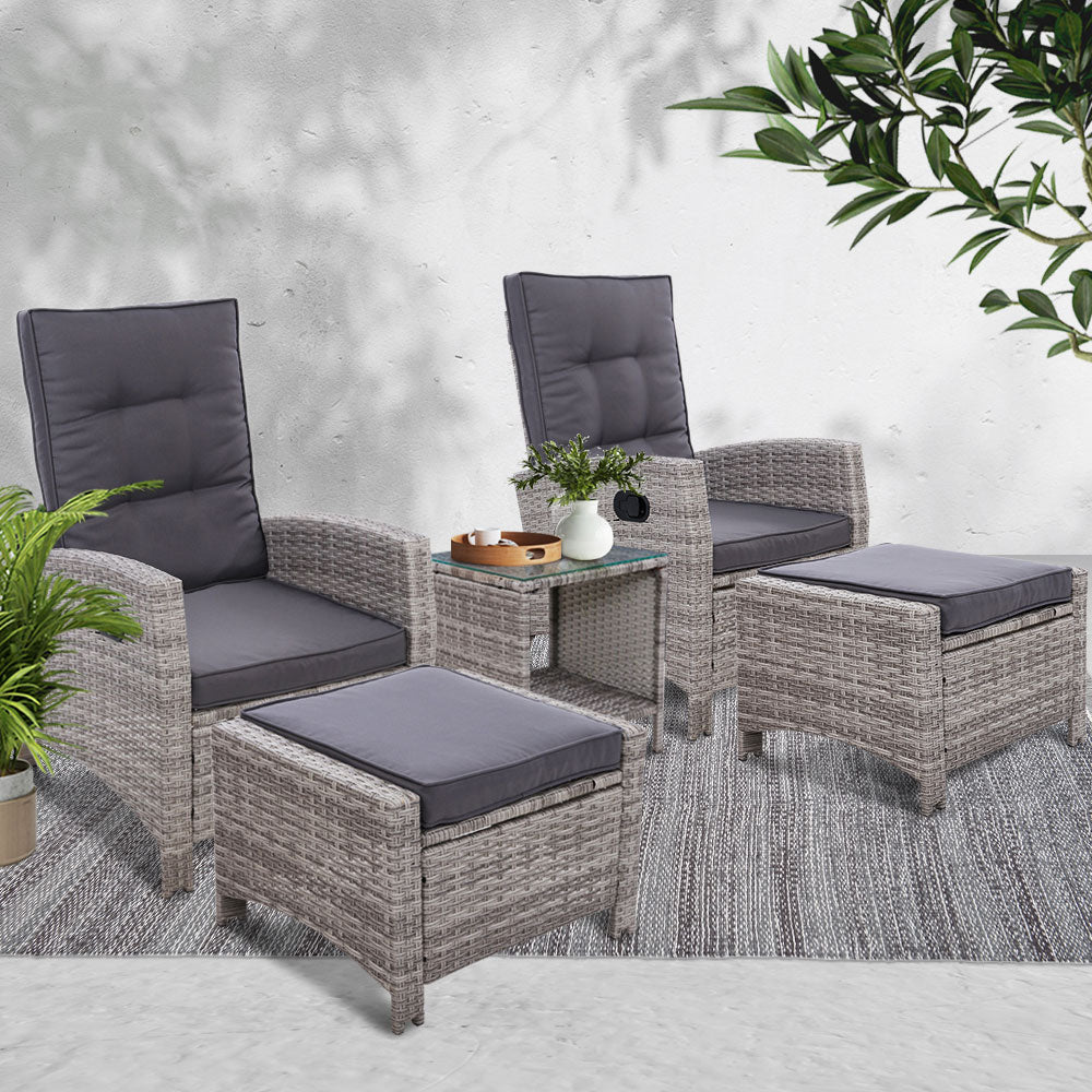 Gardeon 5PC Recliner Chairs Table Sun lounge Wicker Outdoor Furniture Adjustable Grey - Cosy Abode