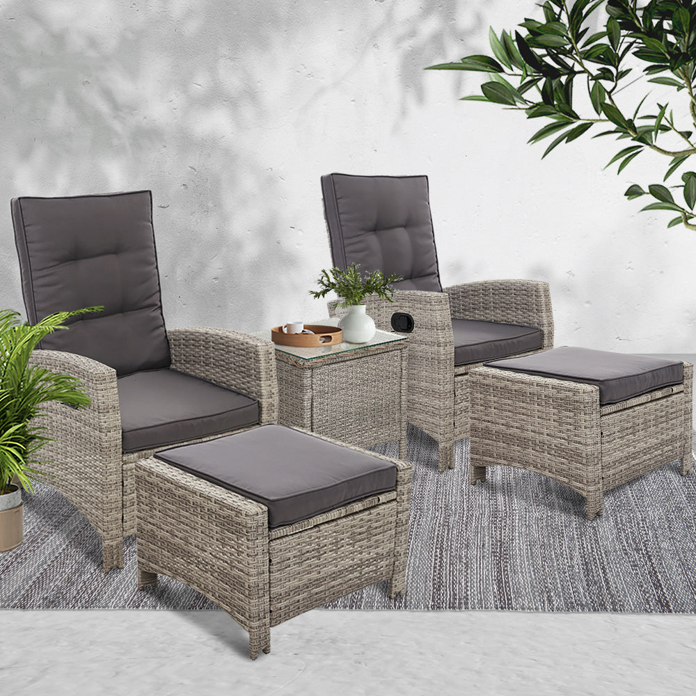 Gardeon 5PC Recliner Chairs Table Sun lounge Wicker Outdoor Furniture Adjustable Grey - Cosy Abode
