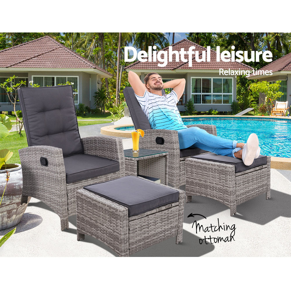Gardeon 5PC Recliner Chairs Table Sun lounge Wicker Outdoor Furniture Adjustable Grey - Cosy Abode