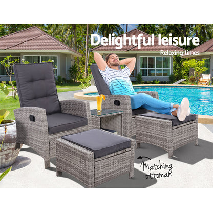Gardeon 5PC Recliner Chairs Table Sun lounge Wicker Outdoor Furniture Adjustable Grey - Cosy Abode