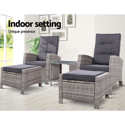 Gardeon 5PC Recliner Chairs Table Sun lounge Wicker Outdoor Furniture Adjustable Grey - Cosy Abode