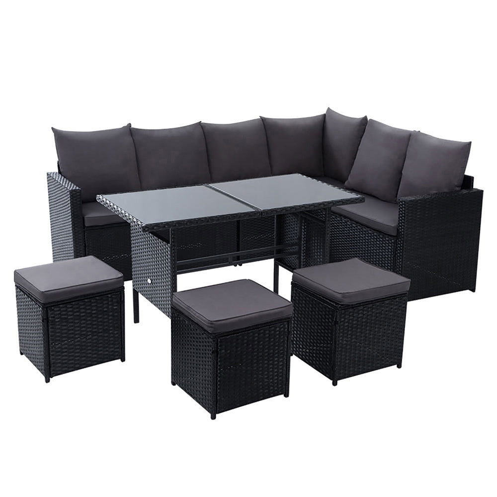 Gardeon 9 Seater Outdoor Wicker Furniture Dining & Sofa Setting - Black - Cosy Abode