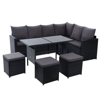 Gardeon 9 Seater Outdoor Wicker Furniture Dining & Sofa Setting - Black - Cosy Abode