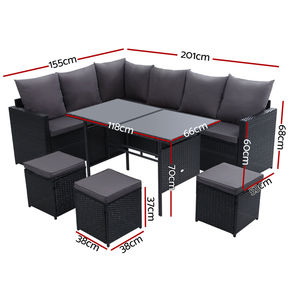 Gardeon 9 Seater Outdoor Wicker Furniture Dining & Sofa Setting - Black - Cosy Abode