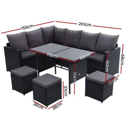 Gardeon 9 Seater Outdoor Wicker Furniture Dining & Sofa Setting - Black - Cosy Abode