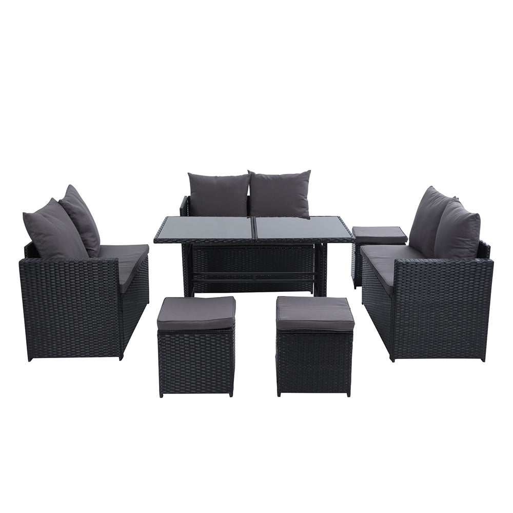 Gardeon 9 Seater Outdoor Wicker Furniture Dining & Sofa Setting - Black - Cosy Abode