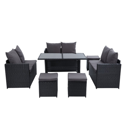 Gardeon 9 Seater Outdoor Wicker Furniture Dining & Sofa Setting - Black - Cosy Abode