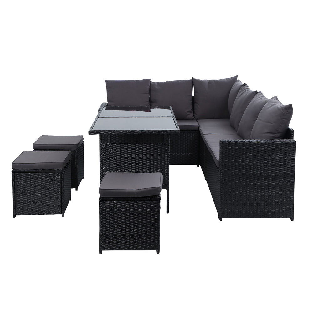 Gardeon 9 Seater Outdoor Wicker Furniture Dining & Sofa Setting - Black - Cosy Abode