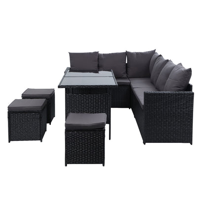 Gardeon 9 Seater Outdoor Wicker Furniture Dining & Sofa Setting - Black - Cosy Abode