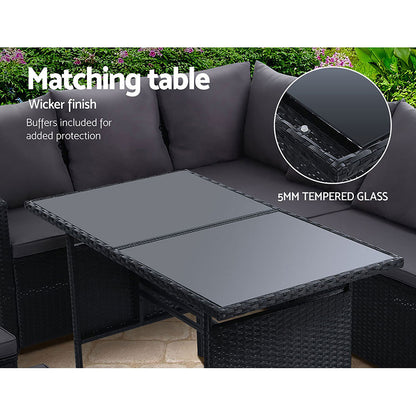 Gardeon 9 Seater Outdoor Wicker Furniture Dining & Sofa Setting - Black - Cosy Abode