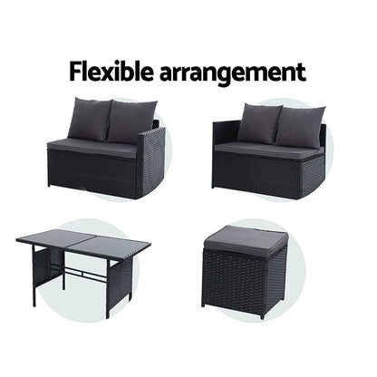 Gardeon Outdoor Dining Set Sofa Lounge Setting Chairs Table Ottoman Black Cover - Cosy Abode
