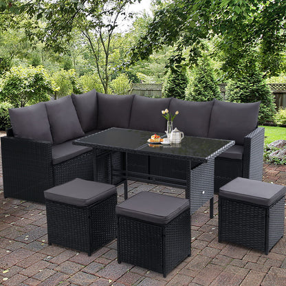 Gardeon Outdoor Dining Set Sofa Lounge Setting Chairs Table Ottoman Black Cover - Cosy Abode
