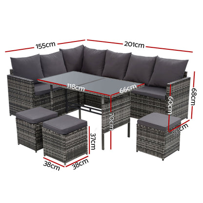 Gardeon Outdoor Furniture Dining Setting Sofa Set Lounge Wicker 9 Seater Mixed Grey - Cosy Abode