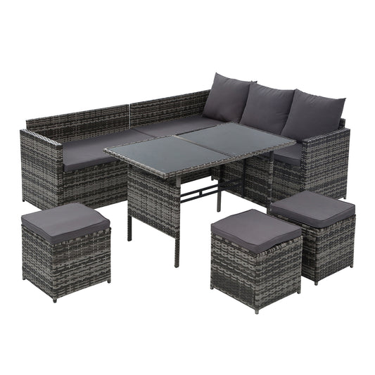 Gardeon Outdoor Dining Set Sofa Lounge Setting Chairs Table Ottoman Grey Cover - Cosy Abode
