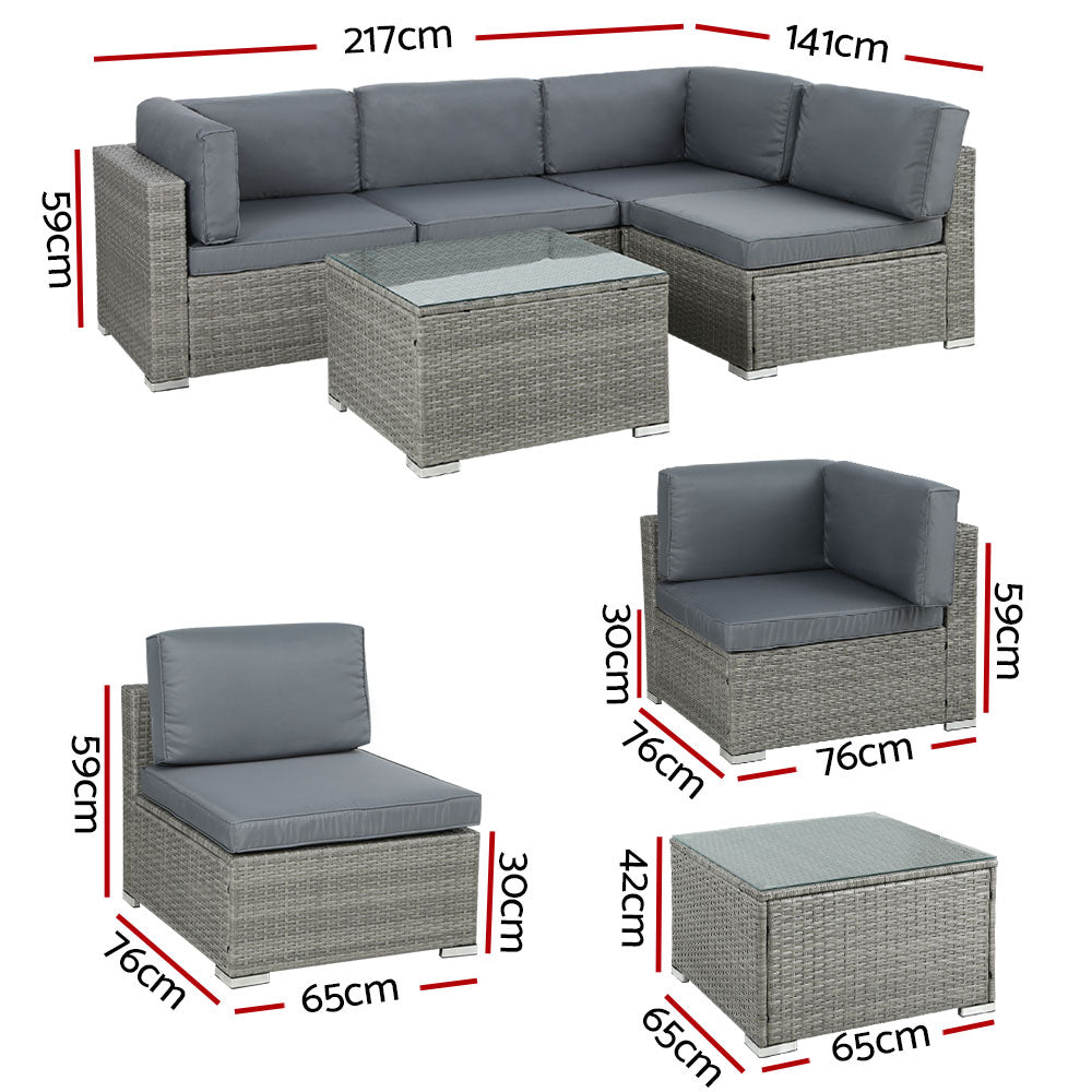 Gardeon 5-Piece Outdoor Sofa Set Wicker Couch Lounge Setting 4 Seater Grey - Cosy Abode